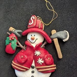 Clay Snowman Firefighter Ornament - Red and White 4"